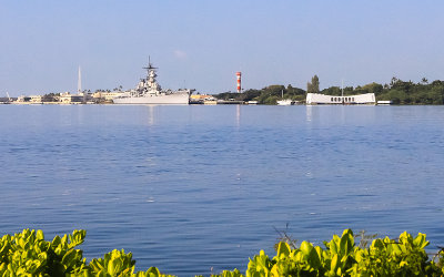 The Battleship Missouri and USS Arizona Memorial from the visitor center in Pearl Harbor