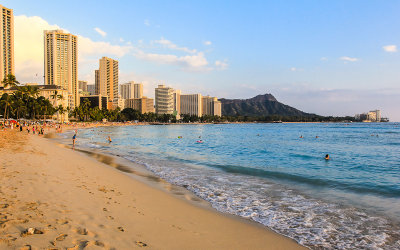 Resorts, hotels and Diamond Head on Waikiki Beach