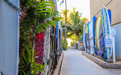 Surfboard lockup in an alley on Waikiki Beach