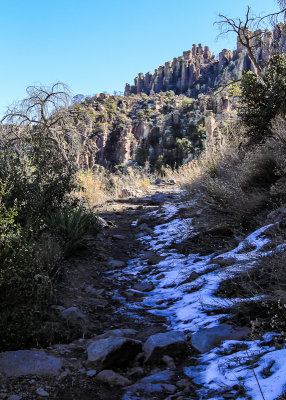 Snow in the shadows along the Lower Rhyolite Canyon Trail in Chiricahua National Monument