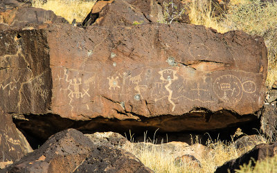 Carvings marred by bullet holes in Rinconada Canyon in Petroglyph National Monument
