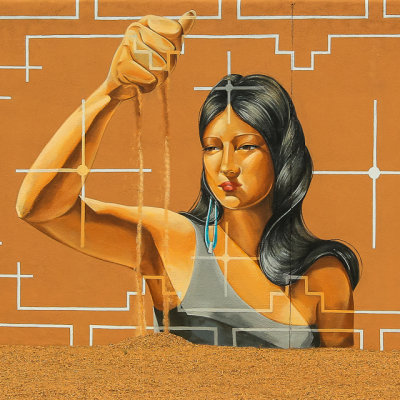 Wall mural in the courtyard at the Museum of Contemporary Native Arts near Santa Fe Plaza