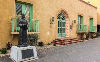 Fray Angelico Chavez statue at the Public Library near Santa Fe Plaza