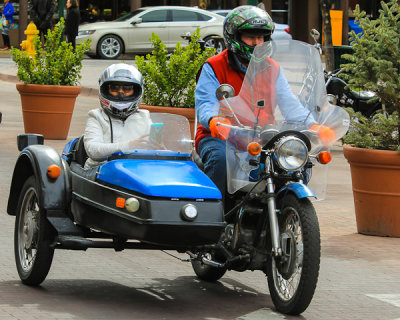 Triumph motorcycle with a sidecar in Santa Fe Plaza