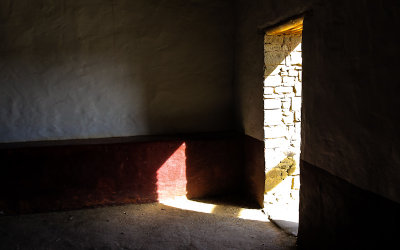 Sunlight through a doorway in the reconstructed Great Kiva in Aztec Ruins National Monument