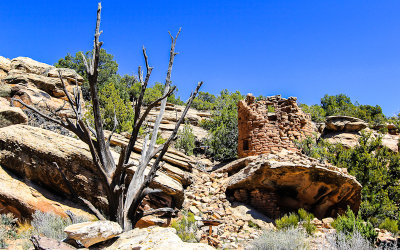 Tower on a boulder at Painted Hand Pueblo in Canyon of the Ancients National Monument
