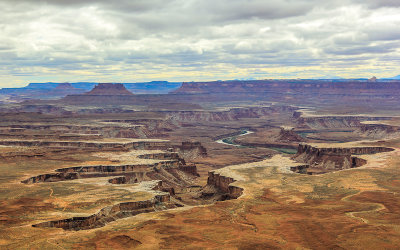 Close-up overcast view of the Green River from the Green River Overlook in Canyonlands National Park