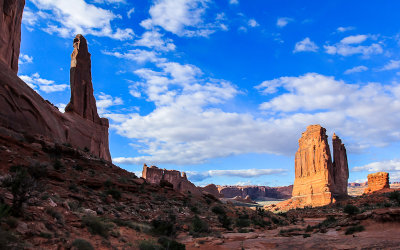 The Organ tower (right) in the Courthouse Towers Section from along the Park Avenue Trail in Arches National Park