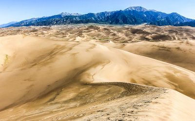 Sangre de Cristo Mountains beyond the dune field as seen from High Dune in Great Sand Dunes National Park