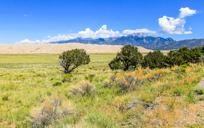 The dunes and the Sangre de Cristo Mountains from the park road in Great Sand Dunes National Park