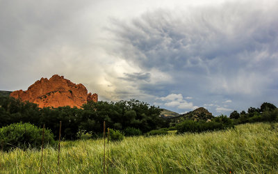 Dark clouds forming over North Gateway Rock in the Garden of the Gods