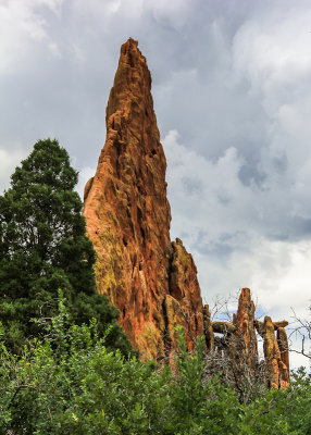 Dark storm clouds over one of the Cathedral Spires in the Garden of the Gods