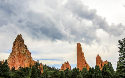 Storm clouds over Gray Rock and the Cathedral Spires in the Garden of the Gods