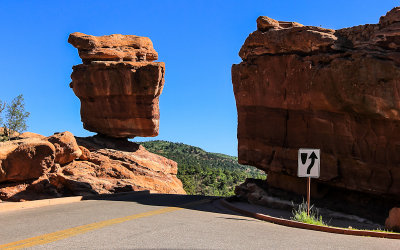 The Garden Drive passes between Balanced Rock and Steamboat Rock in the Garden of the Gods