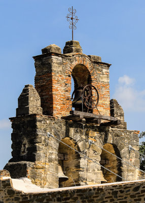 Behind the bell tower at Mission Espada in San Antonio Missions NHP