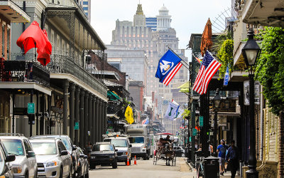 Looking down Bourbon St. toward Canal St. and downtown in the French Quarter