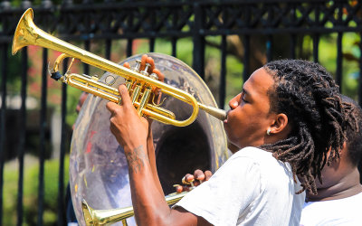 Trumpet player outside of Jackson Square in the French Quarter