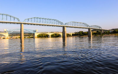 The Walnut Street Bridge with the Market Street Bridge in the background in Chattanooga Tennessee