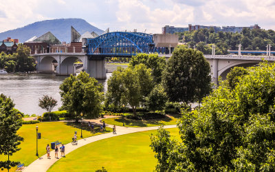 Market Street Bridge with Lookout Mountain in the background from Coolidge Park in Chattanooga Tennessee