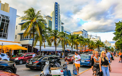 Street scene on Ocean Drive in front of the Breakwater Hotel on South Beach