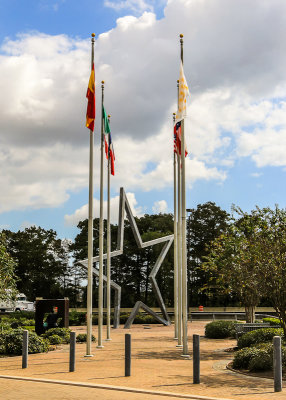 Flags and the star of Texas at the rest stop in the Blue Elbow Swamp