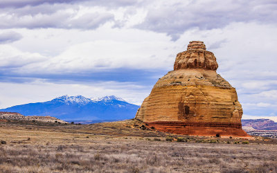 Rock formation with the La Sal Mountains in the background on US Highway 191 south of Moab (near Utah 211)