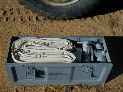 The 12'x12' canvas shade for the side of the truck stores nicely in an ammo box w/ all it's fittings.