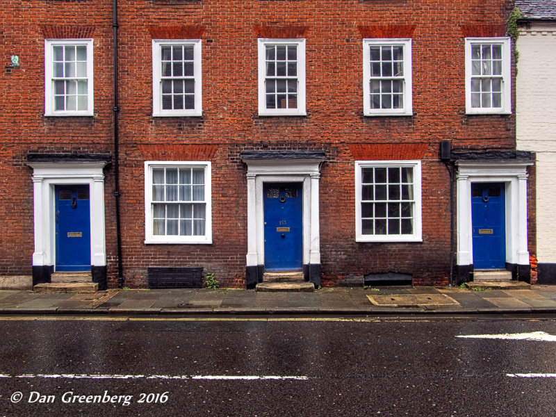 Red Brick, White Windows, Blue Doors