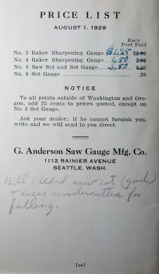 Anderson Saw Filing  + Notes - Prices