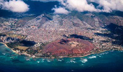 Aerial view of Diamond Head Crater and Waikiki Beach area