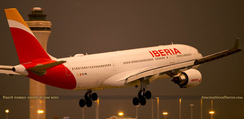 Iberia Airlines Airbus A330-202 EC-MIL about to touch down on runway 9 at MIA aviation airline stock photo