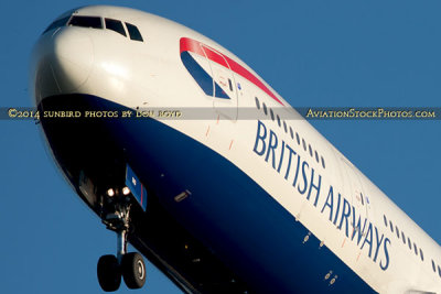 2014 - closeup of British Airways B777-236/ER G-VIIO on short final approach aviation airline aircraft stock photo # 4023C