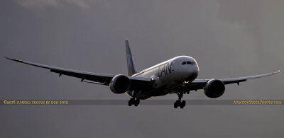 LAN B787-8 Dreamliner CC-BBI on short final approach to runway 9 at MIA aviation airline stock photo