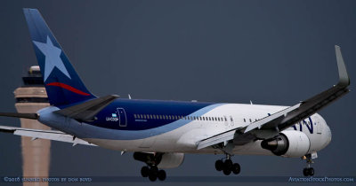 LAN B767-316(ER)(WL) LV-CDQ about to touch down on runway 9 at MIA aviation airline stock photo
