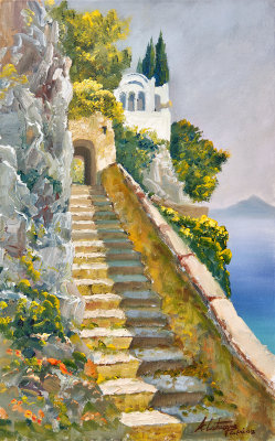 The ancient Fenician step, from Capri to Anacapri.Villa Axel Munthe in the background