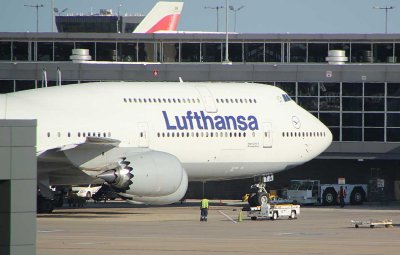 Close up of LH 747-8 and the unique shape of its GE engines and wing tip