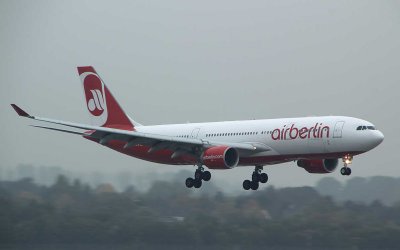 AirBerlin A-330 moments away from touching down on the runway