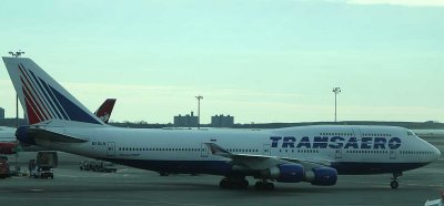 Transaero's B-747-400 nearing its gate at JFK, after a long journey from Moscow
