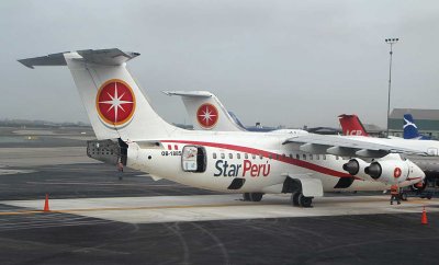 Star Peru Bae-146 resting at LIM with tail speed brake open