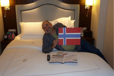 Howard in our stateroom with the flag I made