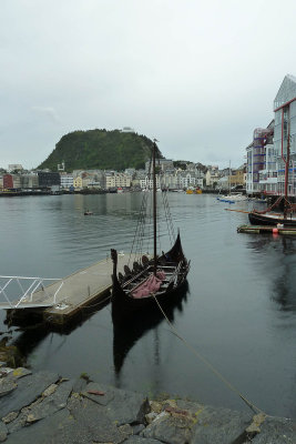 Aalesund: Viking ship at Fish Museum with Aksla in background