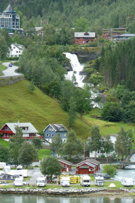 Geiranger's waterfall, and the pretty houses in this small, pretty town