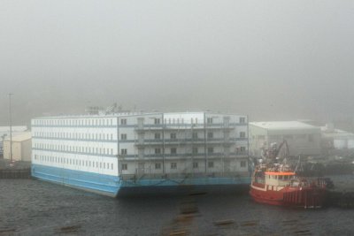 In Scalloway, through the deep fog, we saw more accomodation barges!