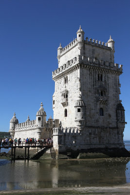 The beautiful Torre de Belem from land. From the 1500s, used to be in middle of river pre-earthquake, Manueline art.