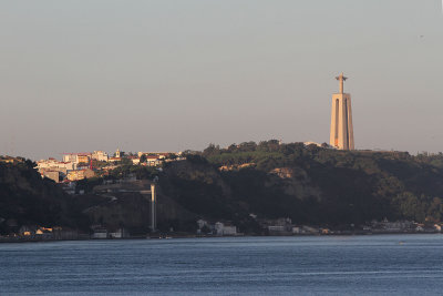 Lisbon's Cristo Rei statue from ship. Statue was given as a gift because Portugal didn't take sides in WW II