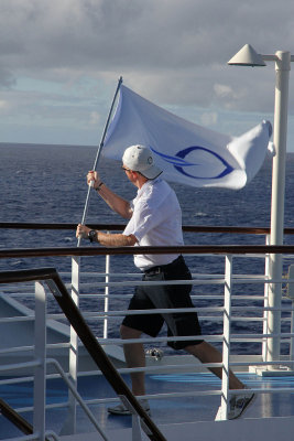 Second at sea day: Ryan, with much fanfare, runs around the fishes deck to kick off the Officers Challenge
