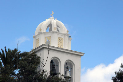 Tower and bells of Church of Panagia, church where we parked bike.