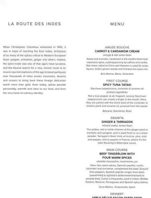 Chef's Table menu - Les Route des Indes as of Oct. 2015
