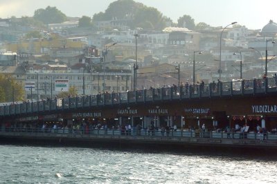 Istanbul haze: Galata Bridge with anglers & shops; Howard got it all.