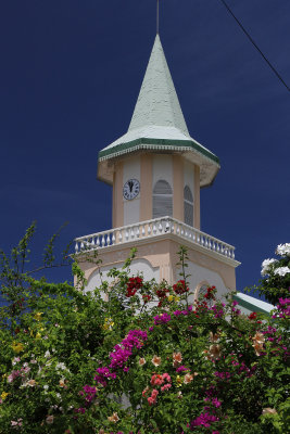 Vaitape's Protestant hat church with flowers wasn't far from tender pier